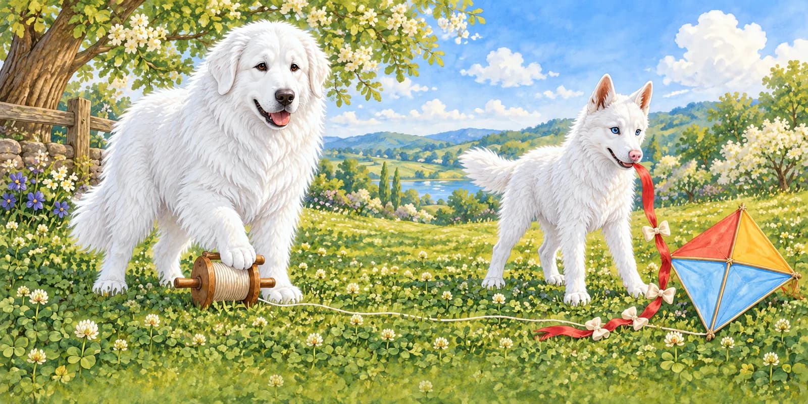 Scene from Panda and Luna Fly a Kite: on a clover hill, Panda holds the string reel while Luna carries the kite's tail.