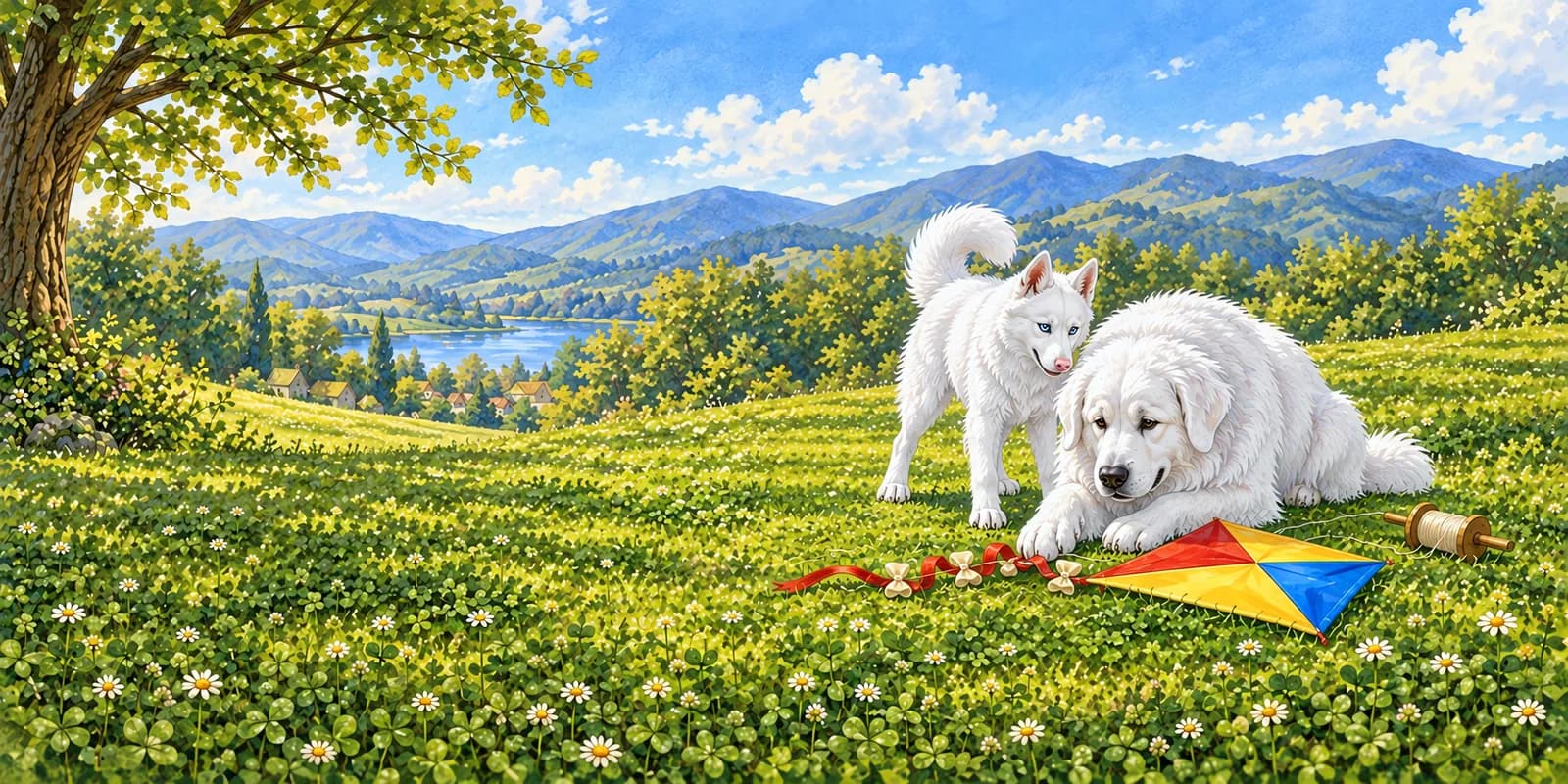Scene from Panda and Luna Fly a Kite: Panda and Luna look closely at the kite's twisted tail in the clover.