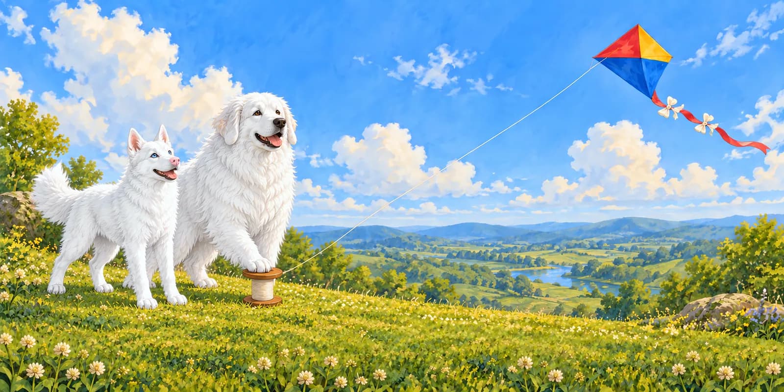 Scene from Panda and Luna Fly a Kite: the kite flies high in the blue sky as Panda and Luna watch from the hill.