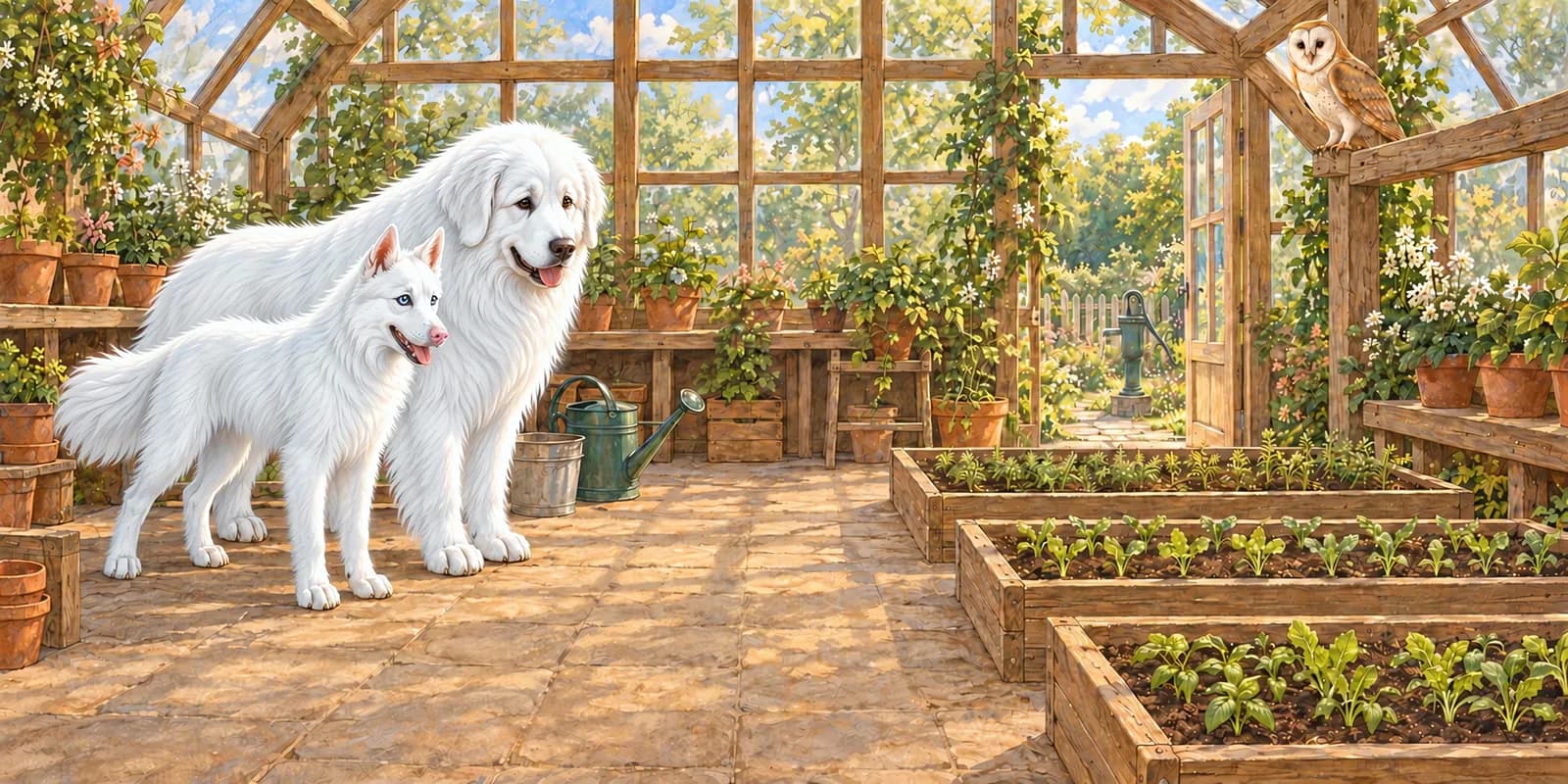 Scene from Luna Keeps Her Promise: Panda and Luna in a sunny greenhouse with three seedling beds, Debra the owl above.