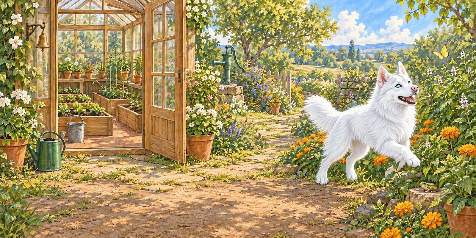 Scene from Luna Keeps Her Promise: Luna follows a butterfly out of the greenhouse into the garden.