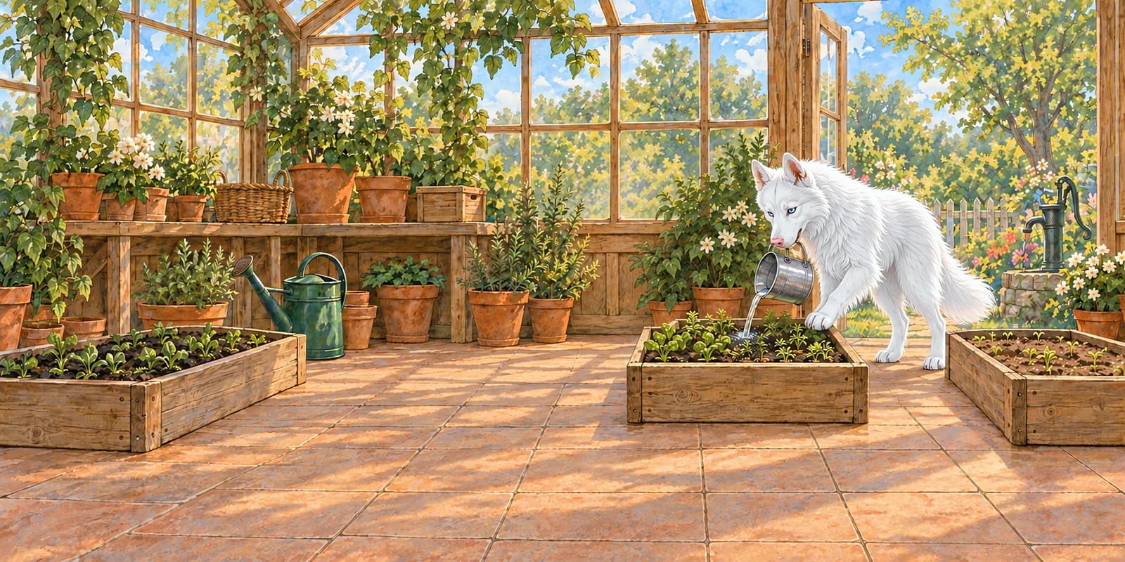 Scene from Luna Keeps Her Promise: Luna carefully waters the second seedling bed from her little pail.