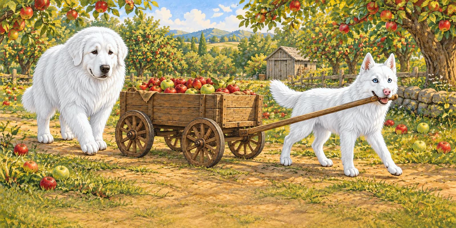 Scene from The Little Wagon That Would Not Move: Luna pulls a wagon full of apples through the orchard while Panda walks behind.