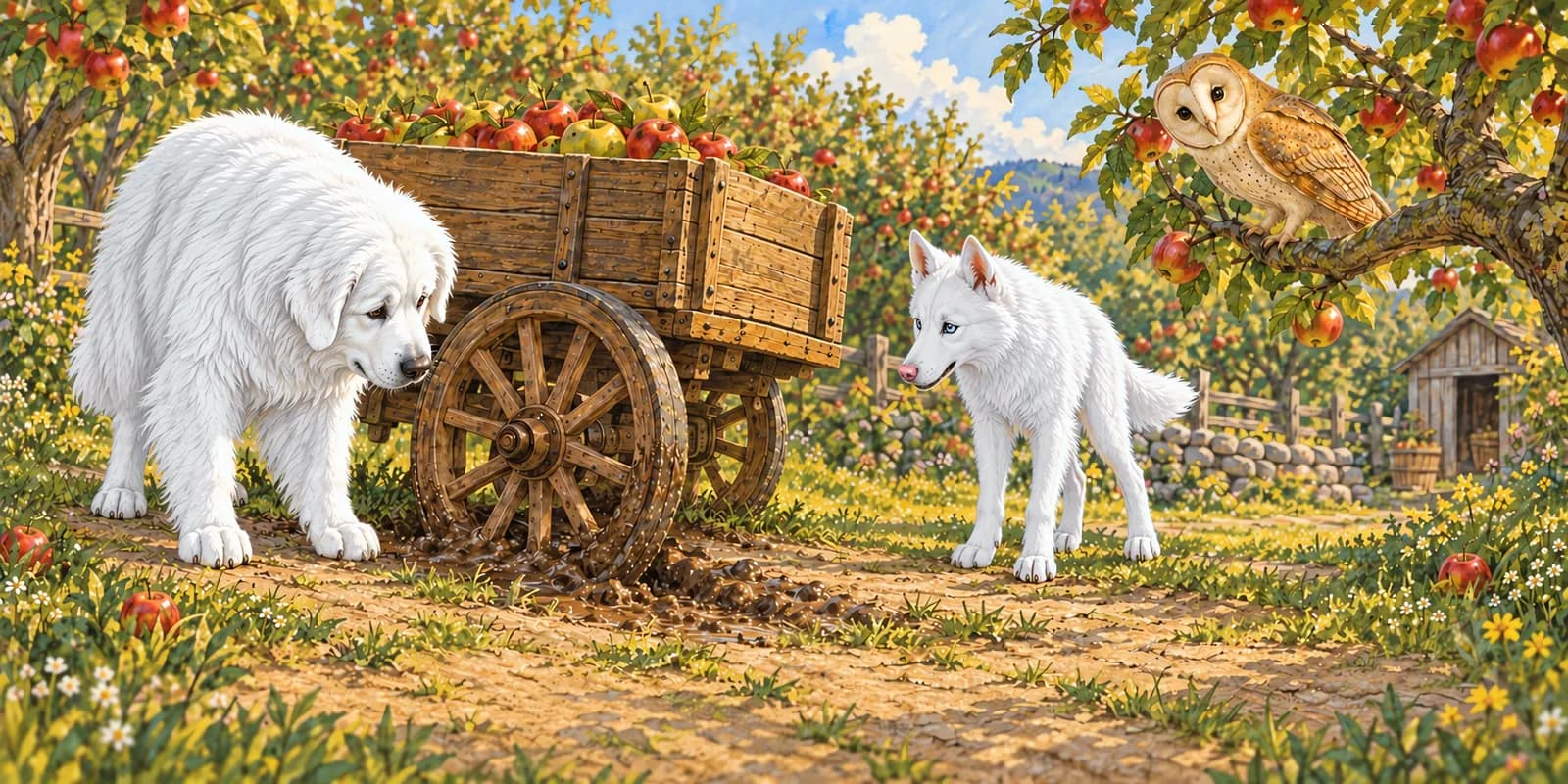 Scene from The Little Wagon That Would Not Move: Panda studies the wheel stuck in the mud as Debra the owl watches from a branch.