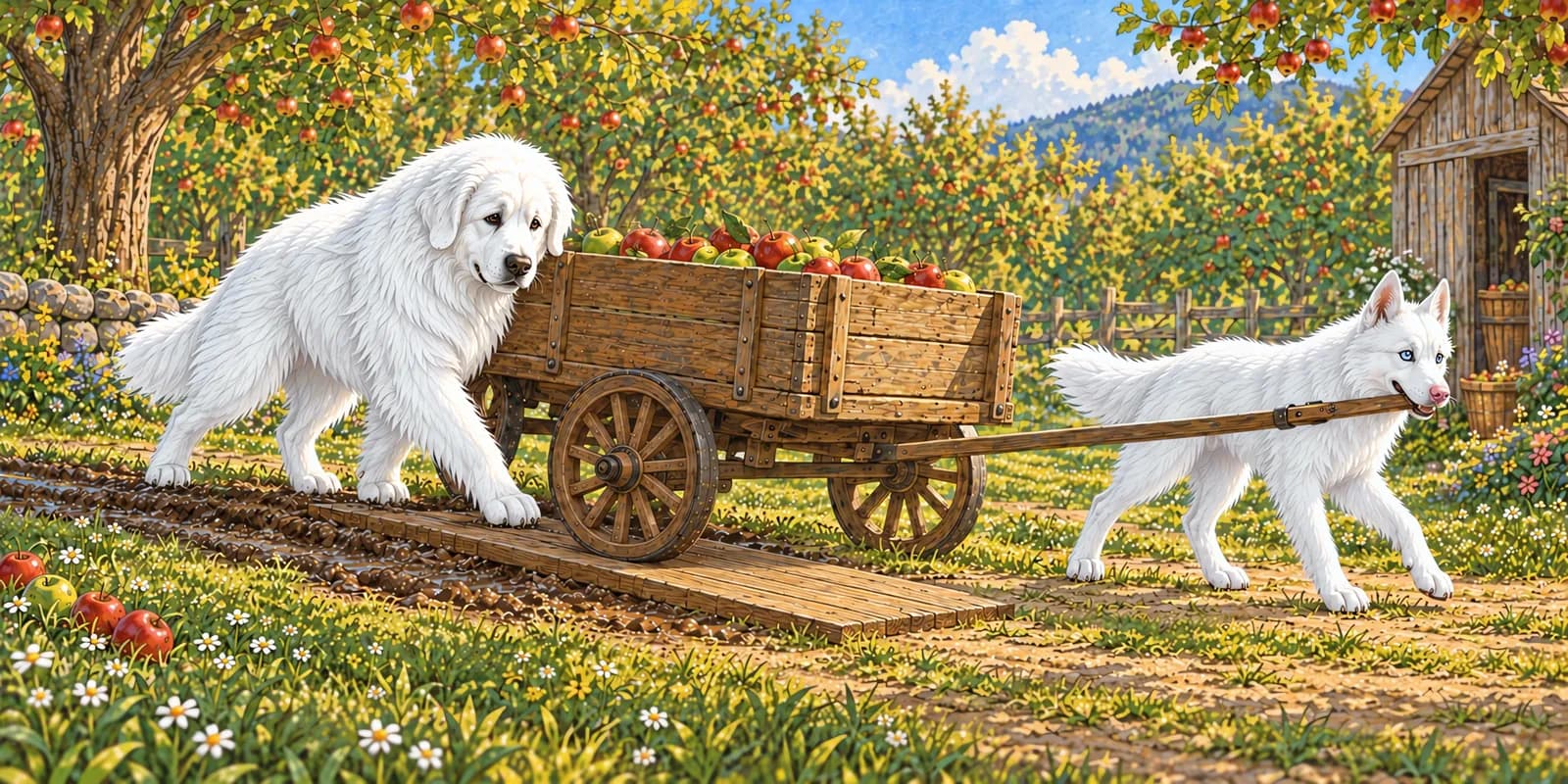 Scene from The Little Wagon That Would Not Move: Luna pulls and Panda pushes as the wheel rolls up onto a flat board.