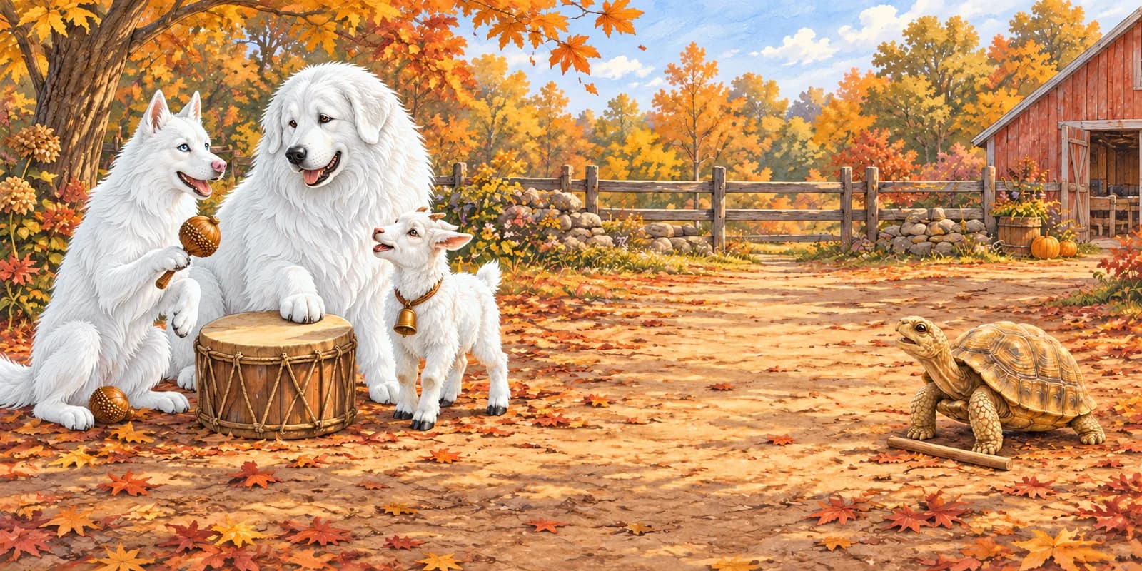 Scene from Panda and Luna Make Room: Panda, Luna and Button play music under autumn trees as Tilly the tortoise arrives.