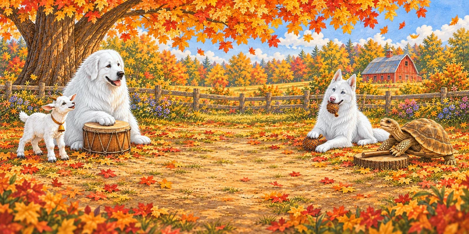 Scene from Panda and Luna Make Room: the whole circle plays a slower song together among the golden leaves.