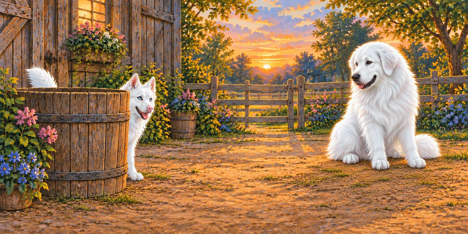Scene from Panda and Luna and the Moonlit Barn: Luna peeks out from behind a wooden tub while Panda sits in the farmyard at sunset.