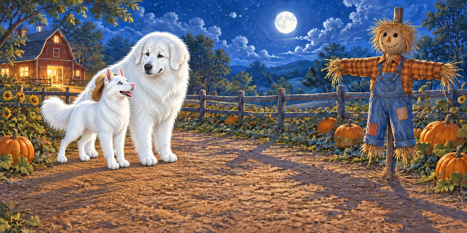 Scene from Panda and Luna and the Moonlit Barn: Panda and Luna stand by a scarecrow in the pumpkin patch under a full moon.
