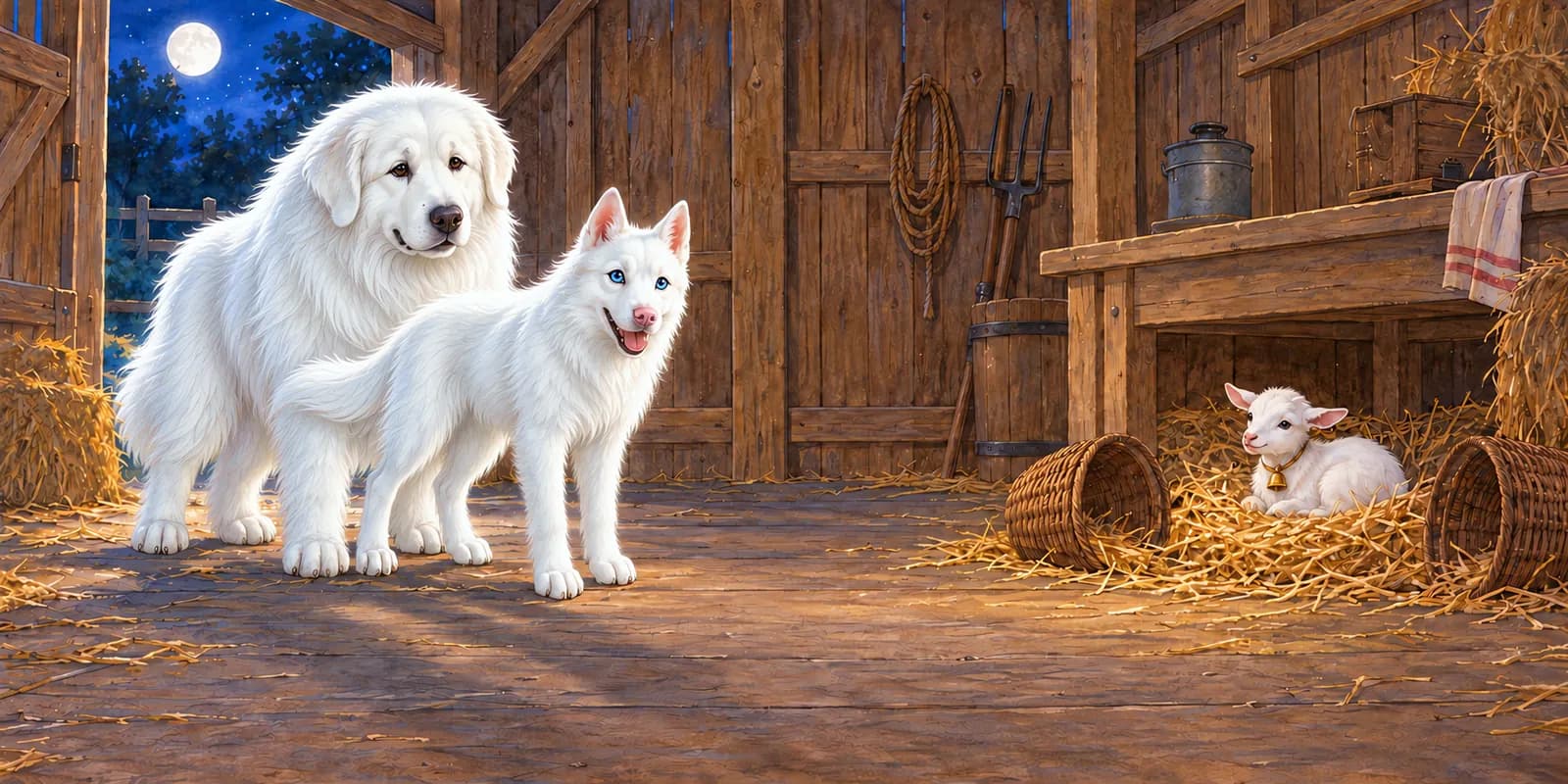 Scene from Panda and Luna and the Moonlit Barn: inside the barn, Panda and Luna find Button the little goat beside two baskets.