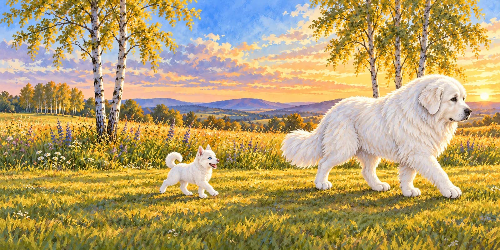 Scene from Panda Comes Home: Panda and puppy Luna walk through a golden meadow at sunset.