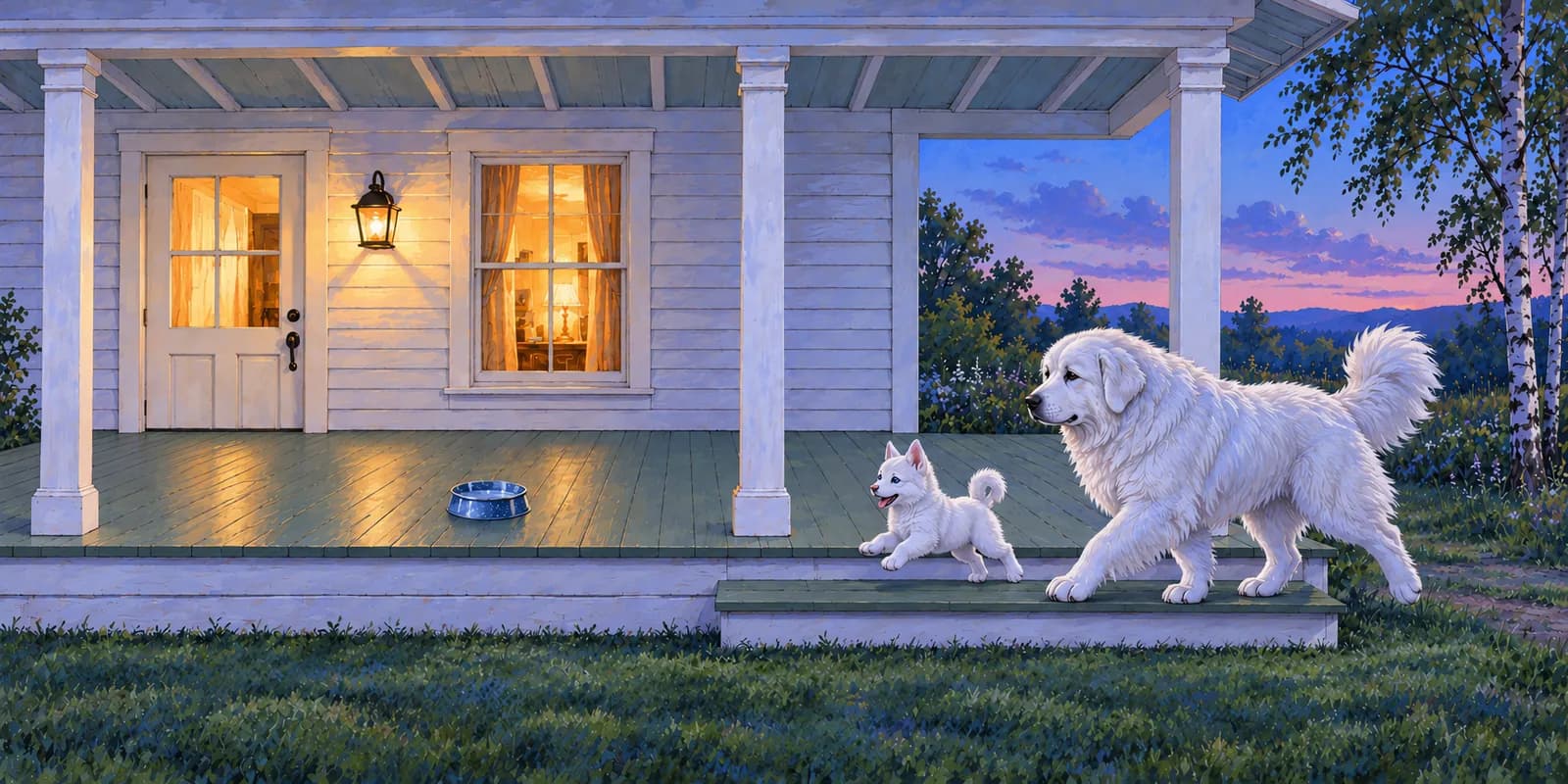 Scene from Panda Comes Home: Panda and Luna reach the lit porch of their white house at dusk.