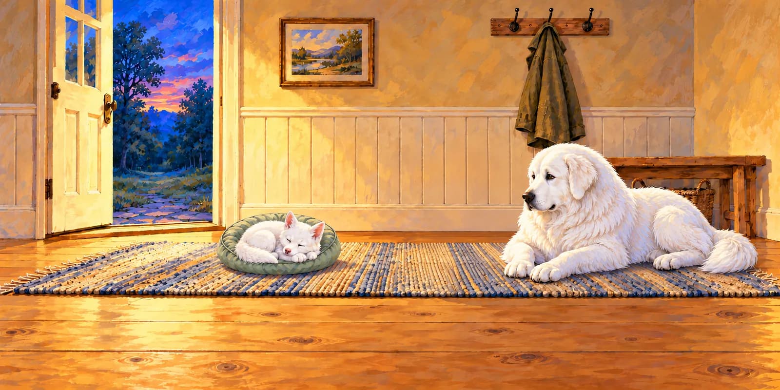 Scene from Panda Comes Home: indoors, Luna curls up in her bed and Panda lies on the rug.