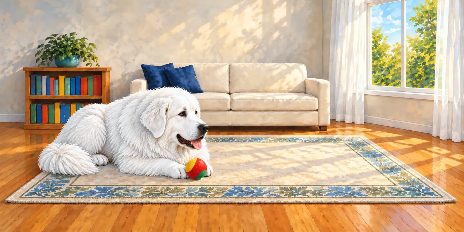 Scene from Panda Shares the Ball: Panda lies on the living-room rug with a striped ball under his front paw.