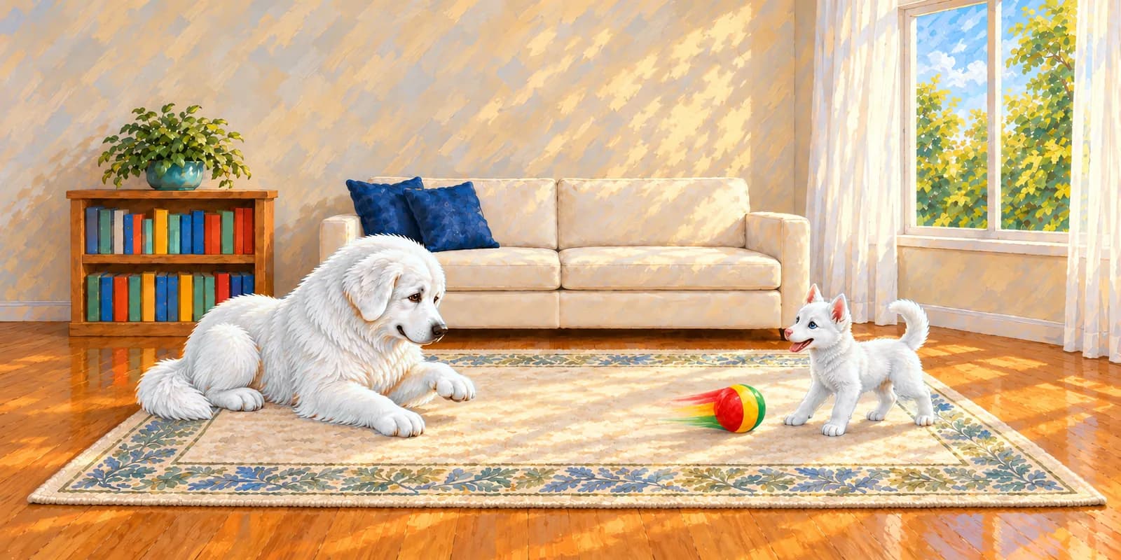 Scene from Panda Shares the Ball: Panda rolls the ball across the rug toward puppy Luna.