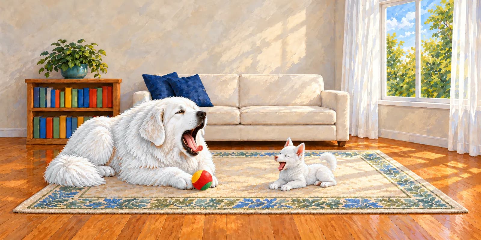 Scene from Panda Shares the Ball: after playing, Panda gives a big yawn as Luna lies down on the rug.