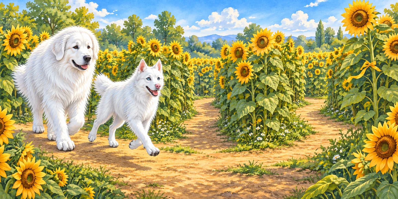 Scene from Luna and the Roaring Feeling: Panda and Luna set off down a path through a sunflower maze.
