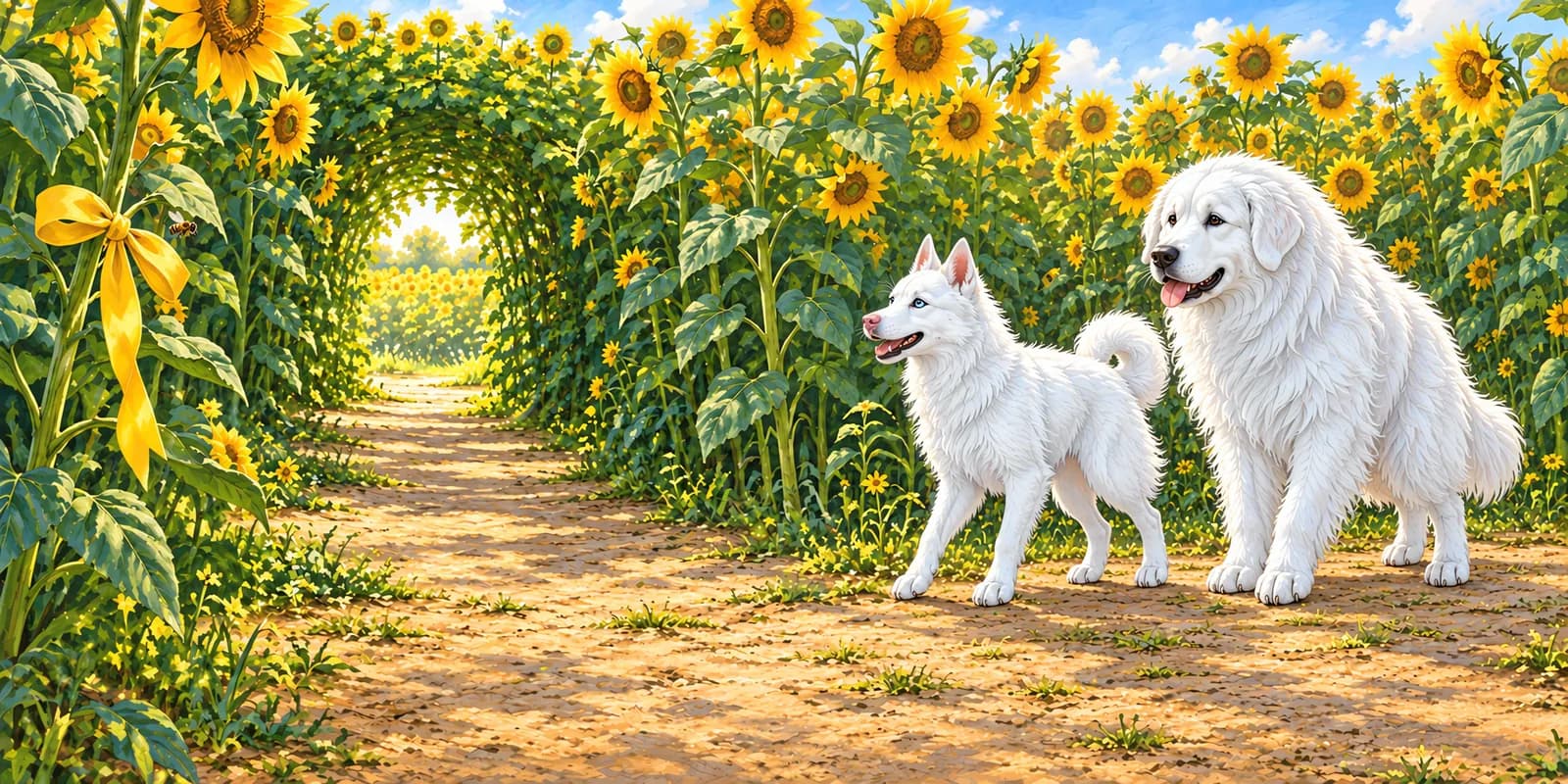 Scene from Luna and the Roaring Feeling: Luna and Panda reach a green tunnel marked with a yellow ribbon, the way out of the maze.