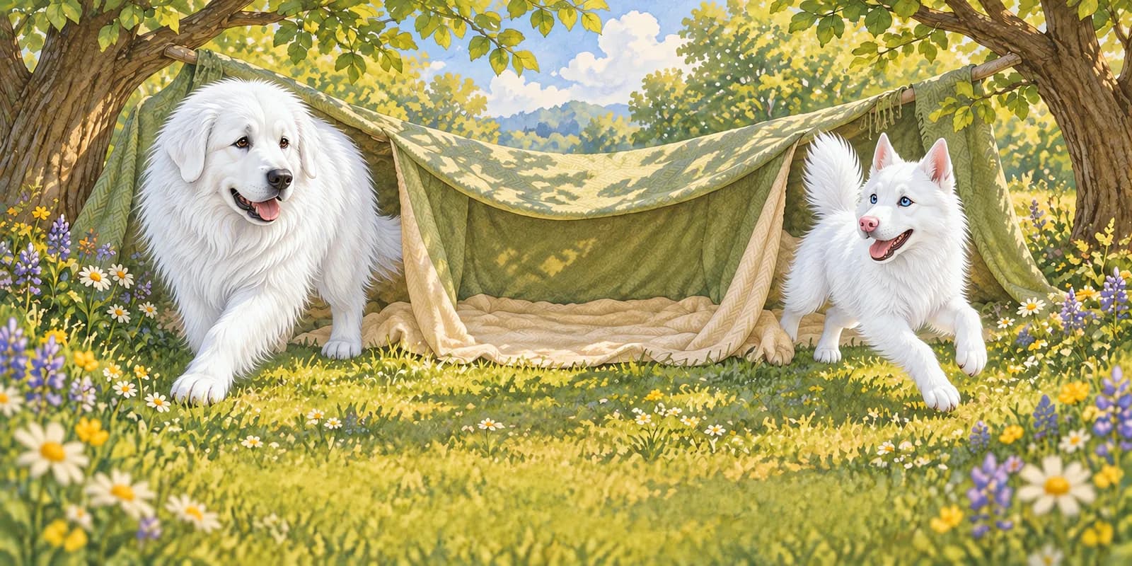 Scene from Panda Needs Some Space: Panda and Luna play around a blanket fort in a wildflower meadow.