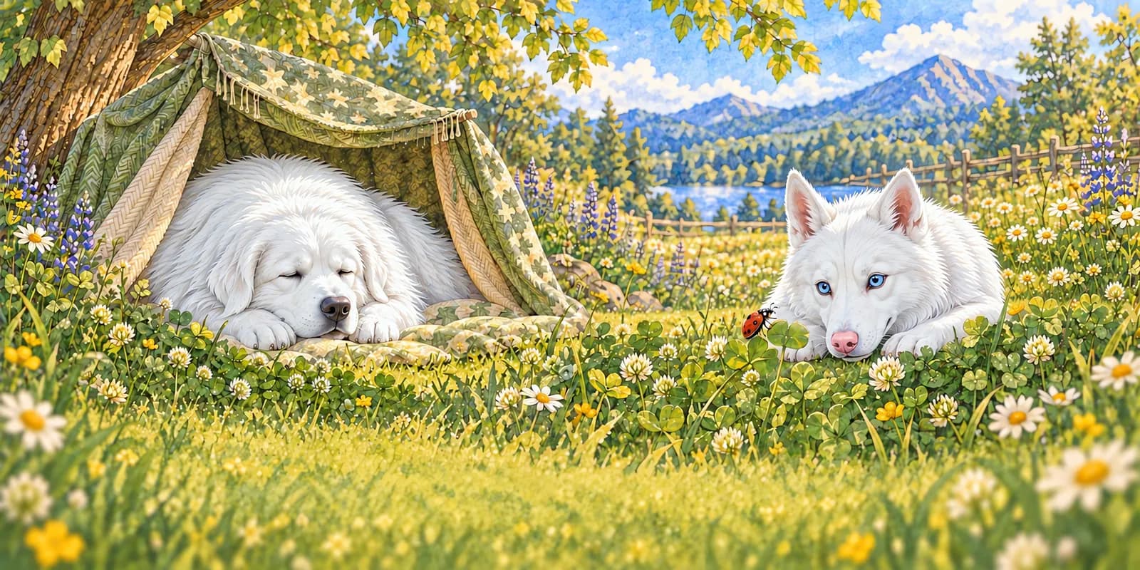 Scene from Panda Needs Some Space: Panda rests inside the fort while Luna lies in the clover watching a ladybug.