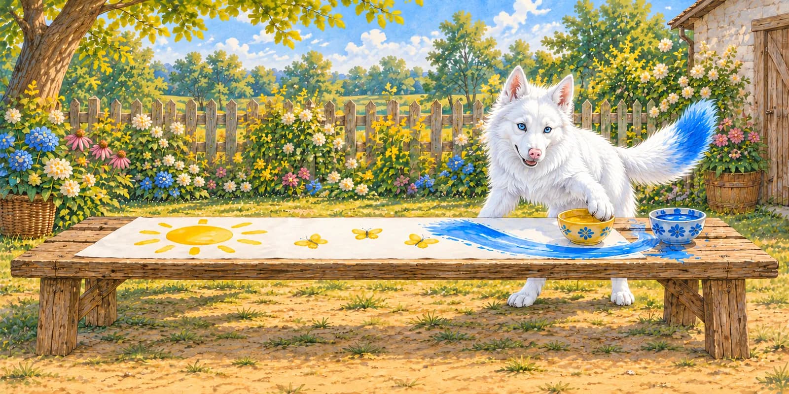 Scene from Luna Tells the Truth: Luna's tail sweeps blue paint across the long painting on the farmyard table.