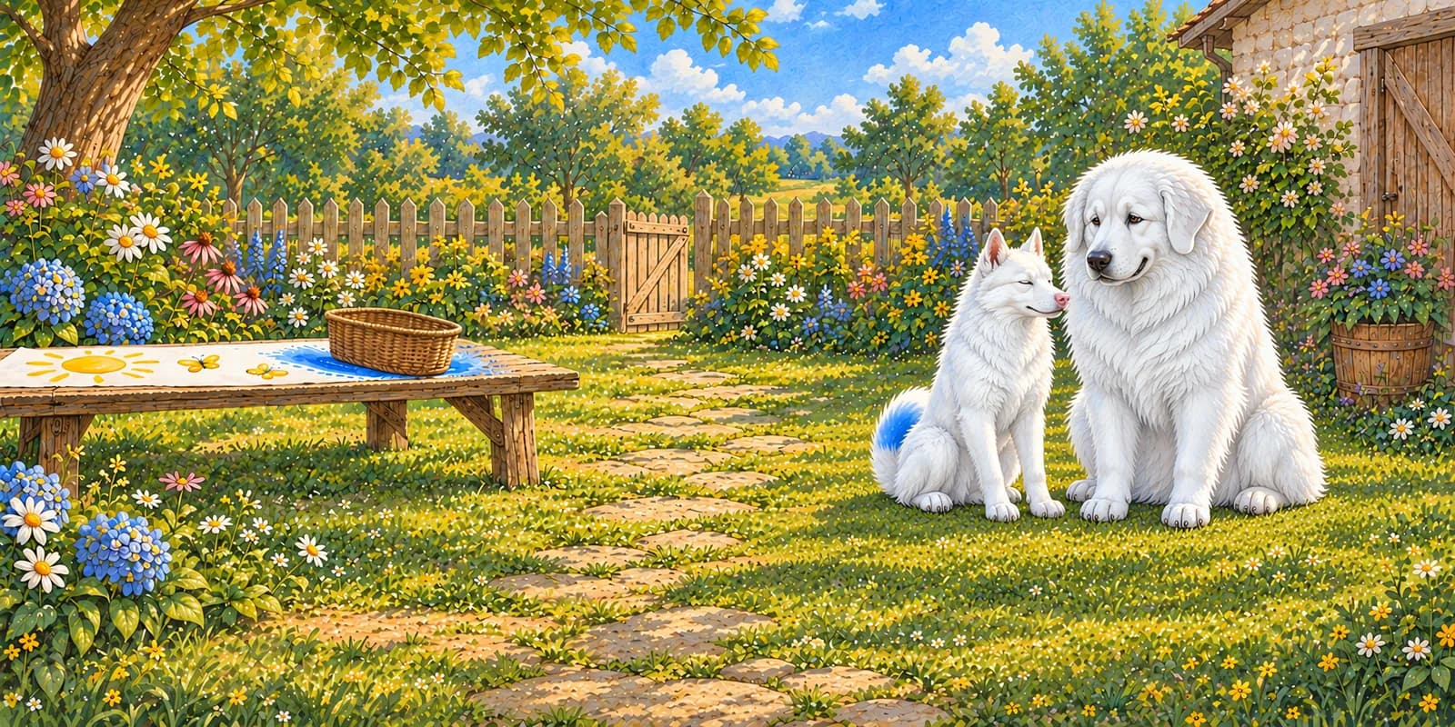 Scene from Luna Tells the Truth: Luna, her tail tip still blue, sits close to Panda on the garden path.