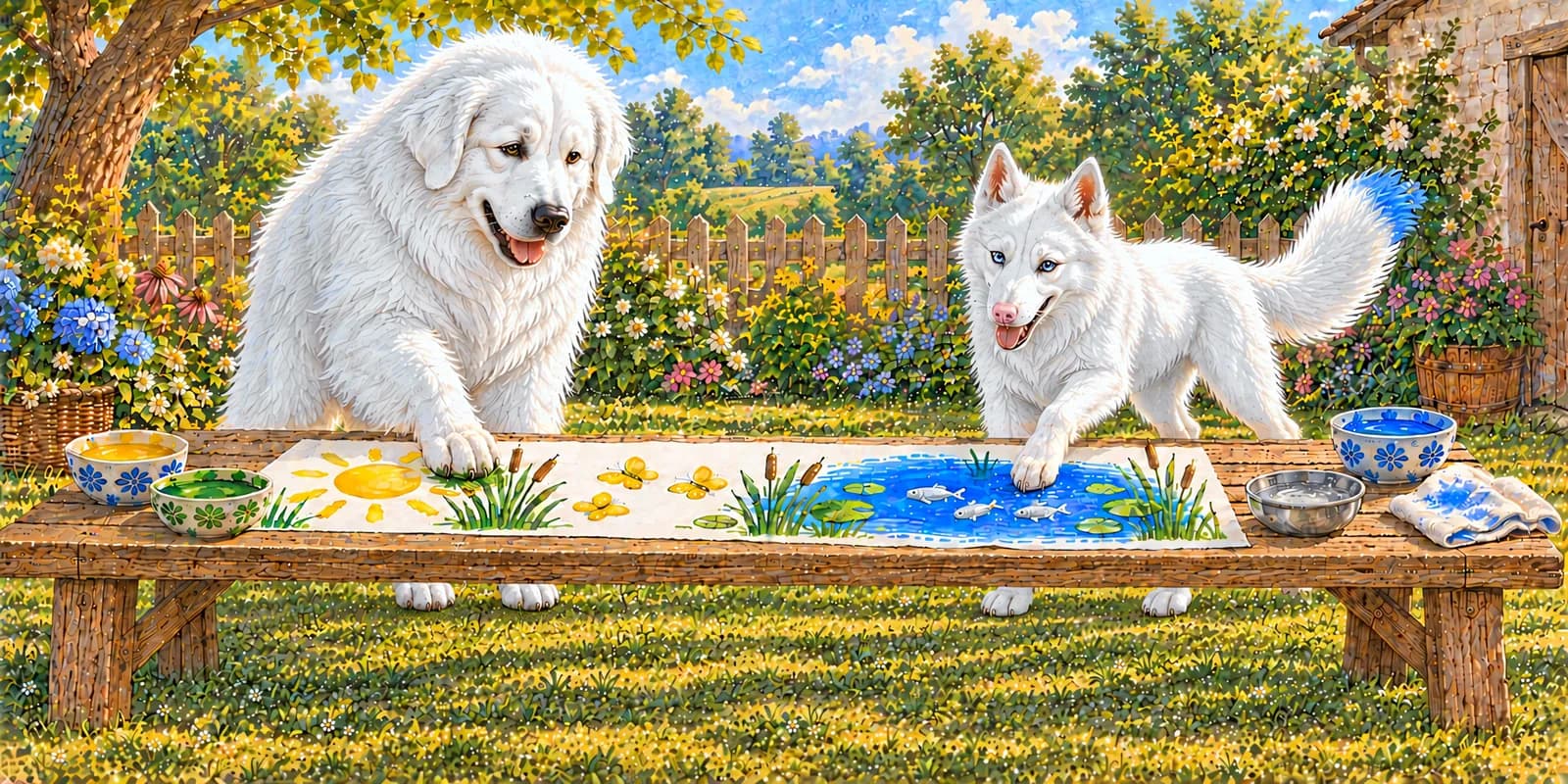 Scene from Luna Tells the Truth: Panda and Luna turn the blue streak into a pond with reeds and fish.