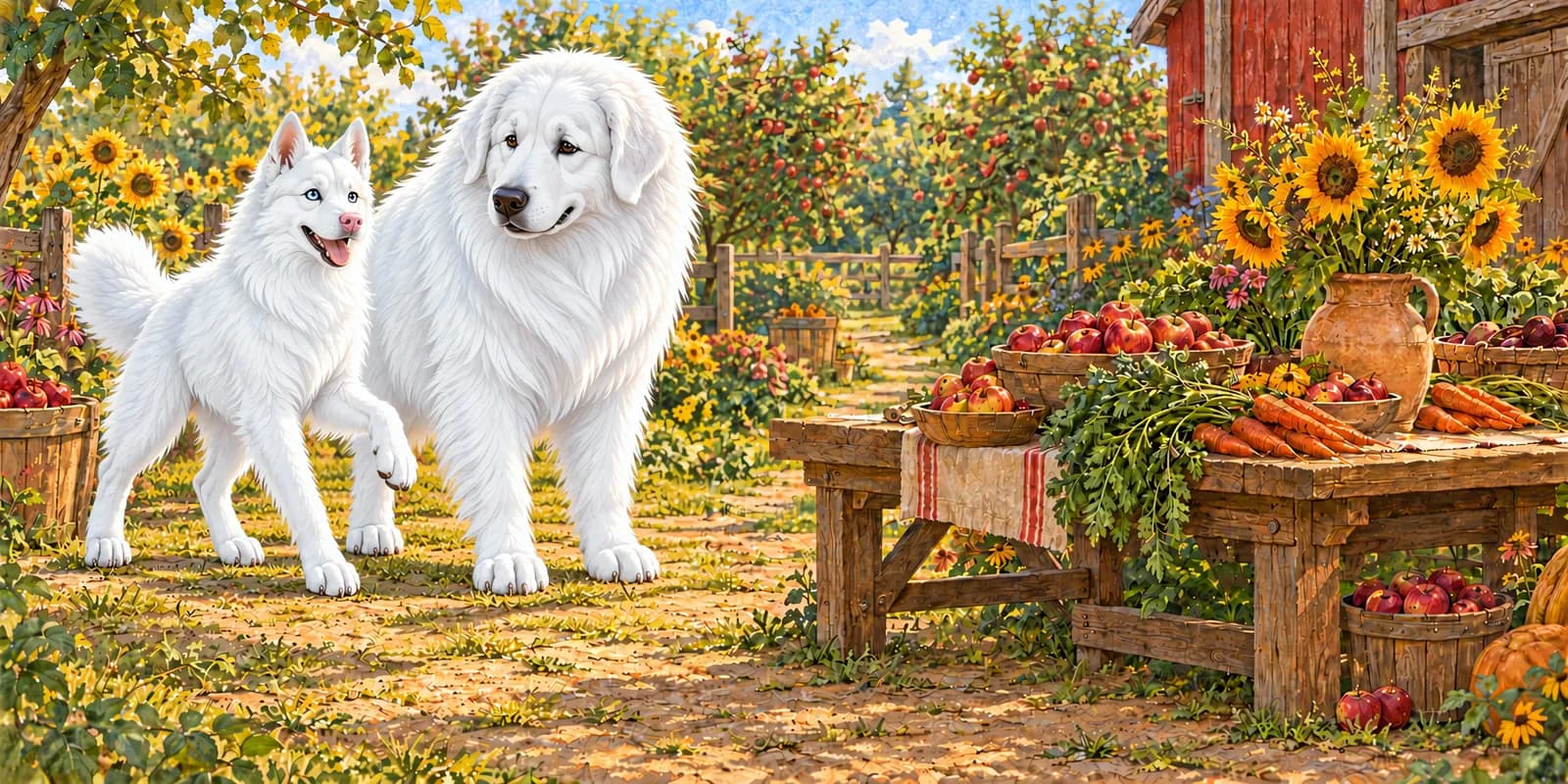 Scene from Panda and Luna's Thank-You Trail: Luna and Panda beside a harvest table of apples, carrots and sunflowers.