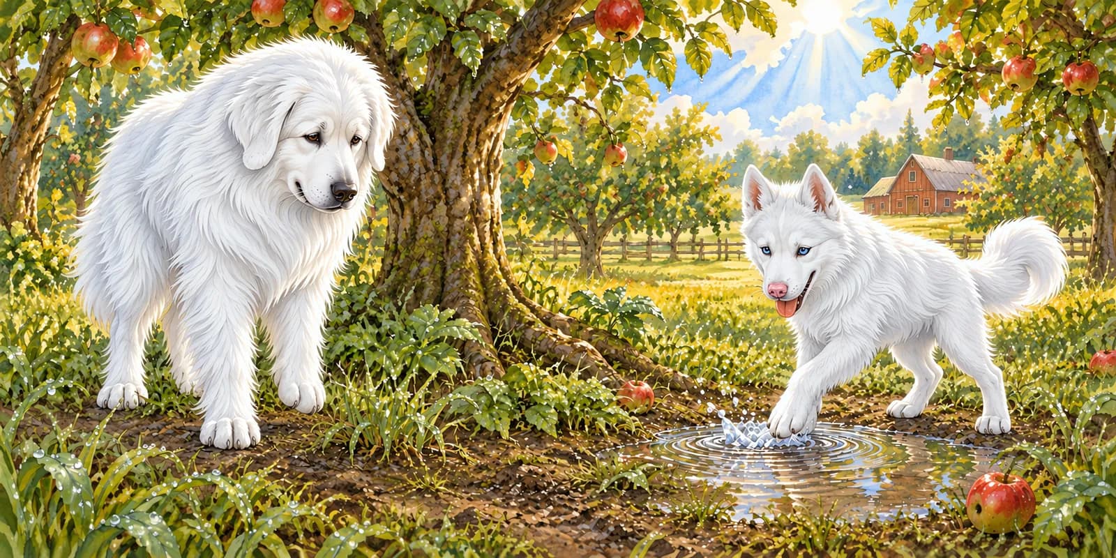 Scene from Panda and Luna's Thank-You Trail: under the apple trees, Luna splashes a paw in a small puddle while Panda watches.