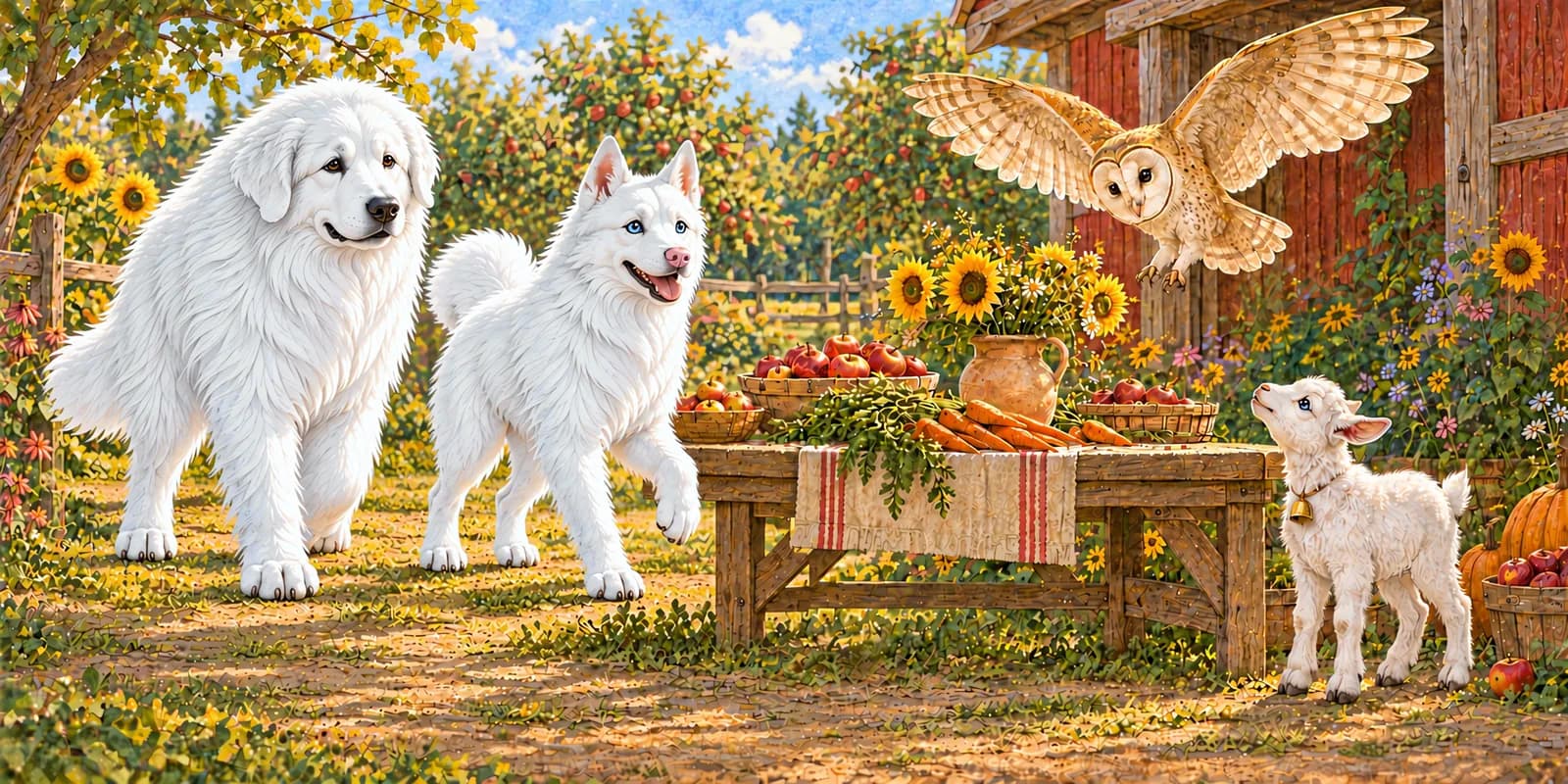Scene from Panda and Luna's Thank-You Trail: Debra the owl glides down to the harvest table as Panda, Luna and Button gather.