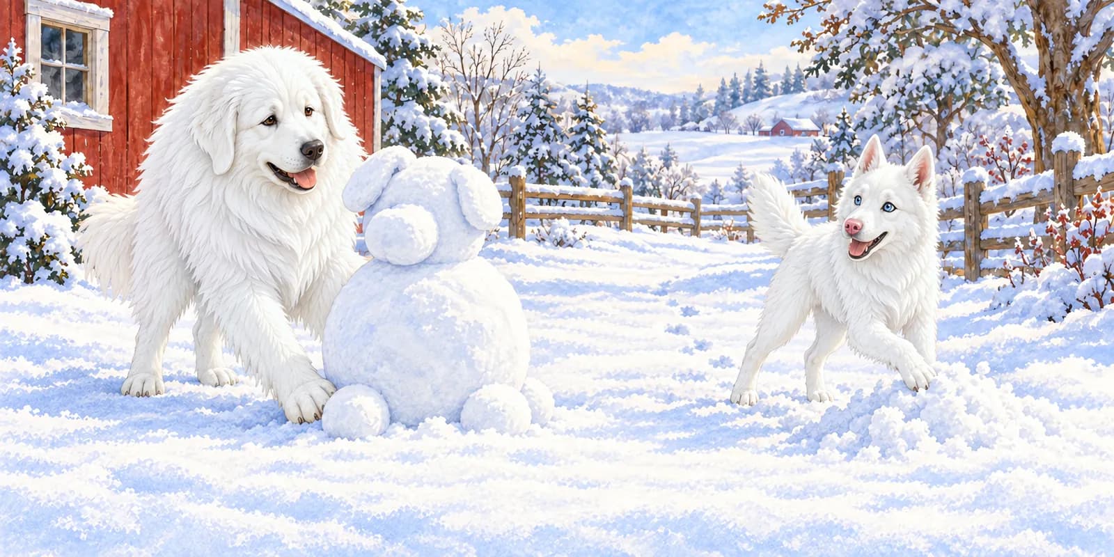 Scene from Luna's Wobbly Snowdog: in the snowy farmyard, Panda builds a big round snowdog while Luna packs snow.
