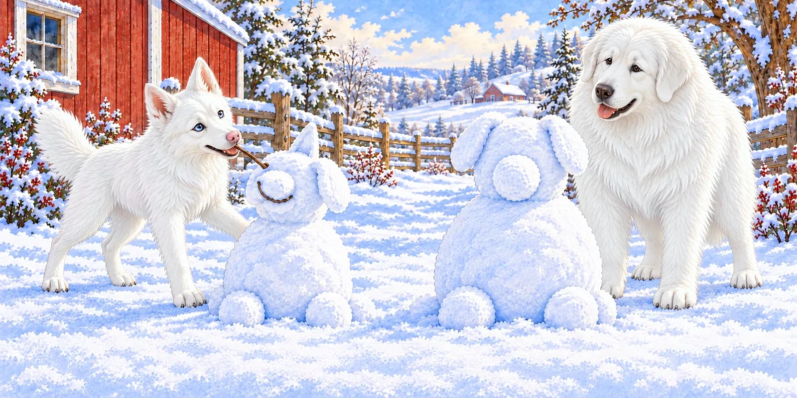 Scene from Luna's Wobbly Snowdog: Luna gives her leaning snowdog a crooked twig smile beside Panda's round one.