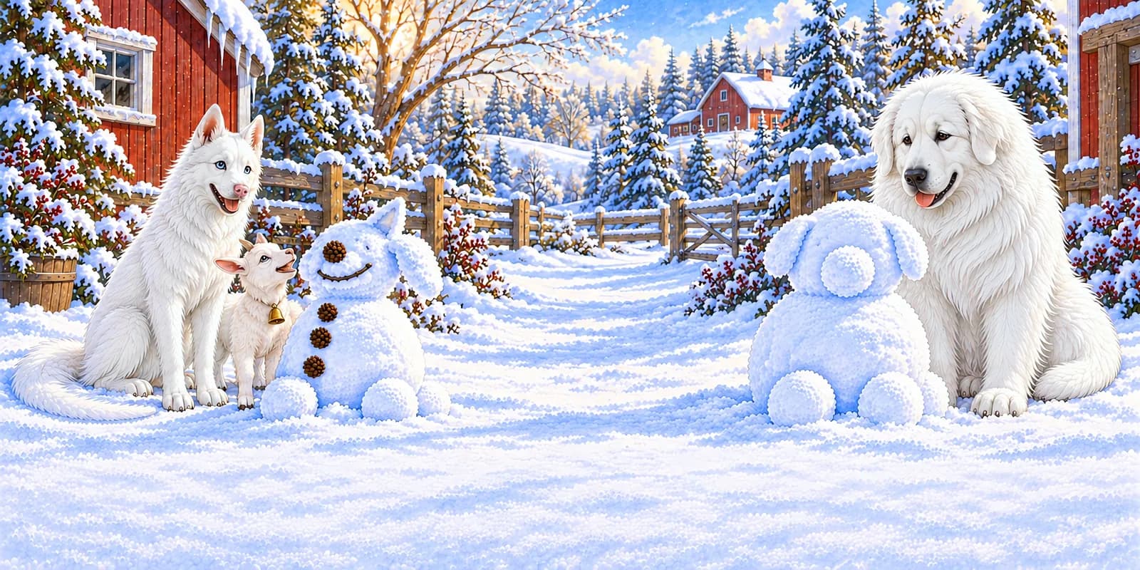 Scene from Luna's Wobbly Snowdog: Button the little goat visits both snowdogs while Panda and Luna sit nearby.